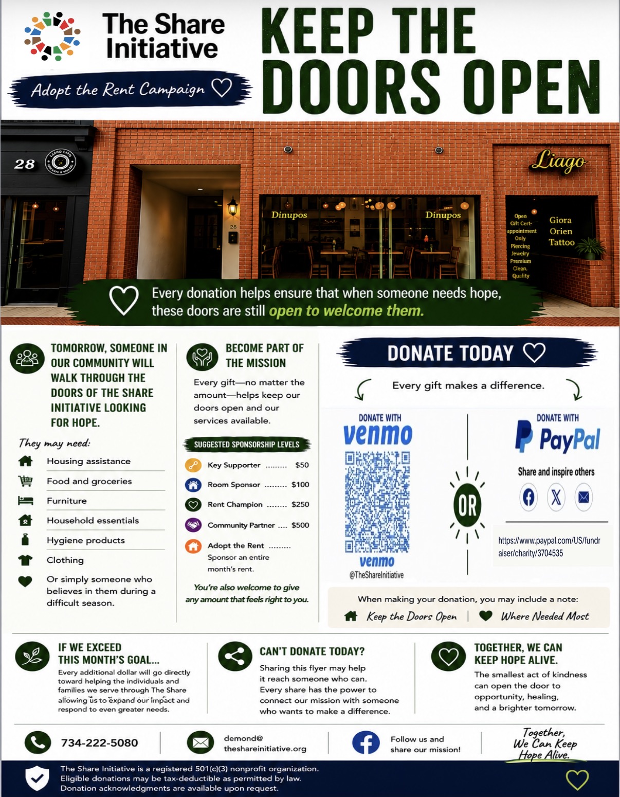 Keep the Doors Open campaign flyer with Venmo and PayPal donation information